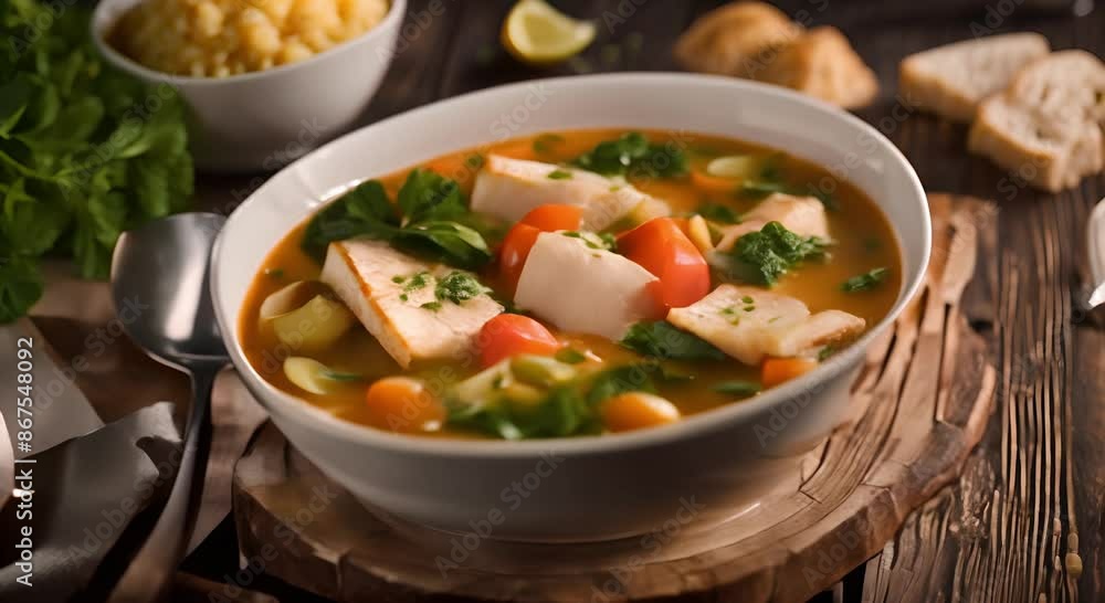 A bowl of cod and vegetable soup. Seafood recipe concept A bowl of cod and vegetable soup. Seafood recipe concept