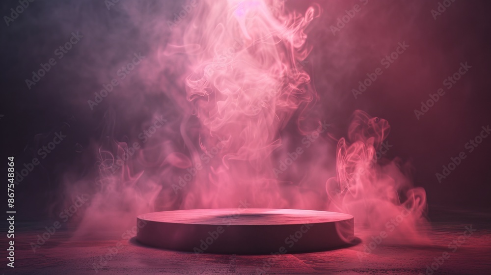 Illuminated platform with mist and glowing pink light, mysterious ambiance