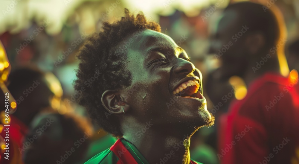 Joyful Man Laughing at Outdoor Event, Blurred Background of Crowd Joyful Man Laughing at Outdoor Event, Blurred Background of Crowd