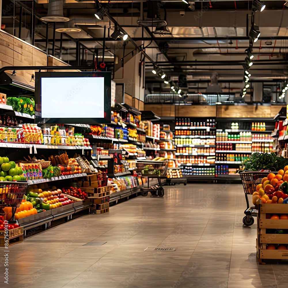 Spacious megastore grocery section with a compact blank screen display.