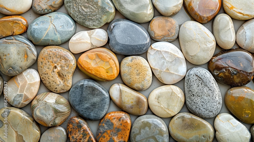 Close-up view of colorful smooth pebbles arranged neatly, showcasing natural textures and patterns. Ideal for backgrounds or nature concepts. Close-up view of colorful smooth pebbles arranged neatly, showcasing natural textures and patterns. Ideal for backgrounds or nature concepts.