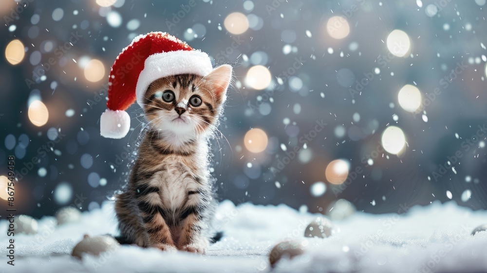 Merry Christmas and Happy New Year! A cheerful kitten sits in a Santa Claus hat against a backdrop of winter snow, exuding festive charm and holiday joy Merry Christmas and Happy New Year! A cheerful kitten sits in a Santa Claus hat against a backdrop of winter snow, exuding festive charm and holiday joy
