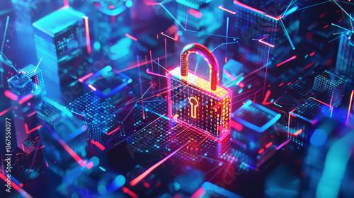 A cybersecurity background featuring a digital padlock in the center, surrounded by firewalls and encrypted codes.