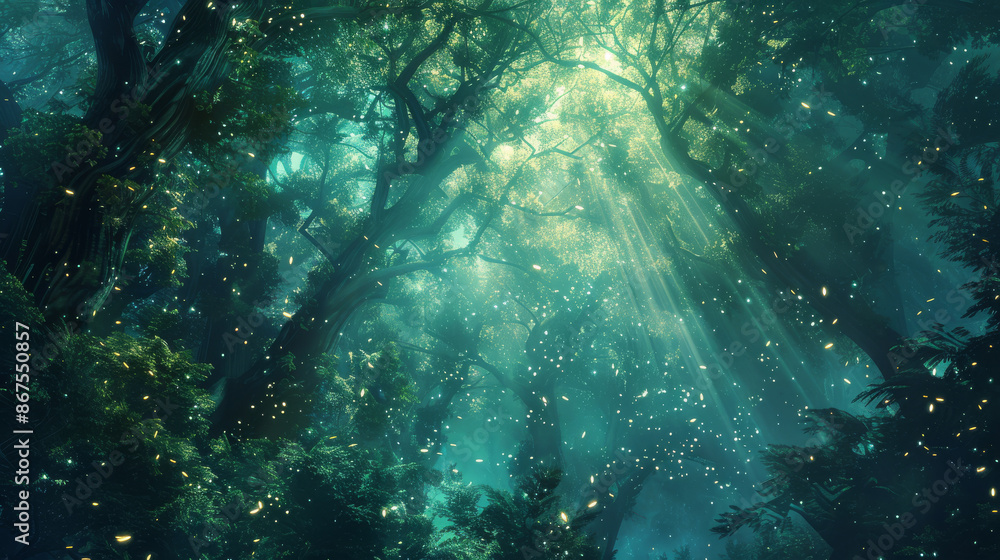 Obraz premium A dark, enchanting forest background with tall, ancient trees, glowing fireflies, and a misty atmosphere. 