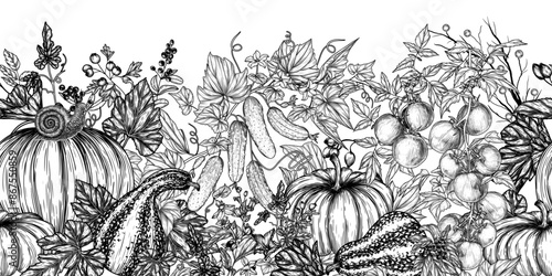 Horizontal vector seamless pattern vegetable garden. Pumpkins, tomatoes, cucumbers in engraving style