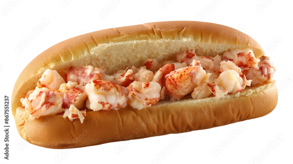 A Connecticut-style lobster roll featuring warm lobster chunks soaked in melted butter, placed in a golden-brown, toasted bun, on a transparent background A Connecticut-style lobster roll featuring warm lobster chunks soaked in melted butter, placed in a golden-brown, toasted bun, on a transparent background