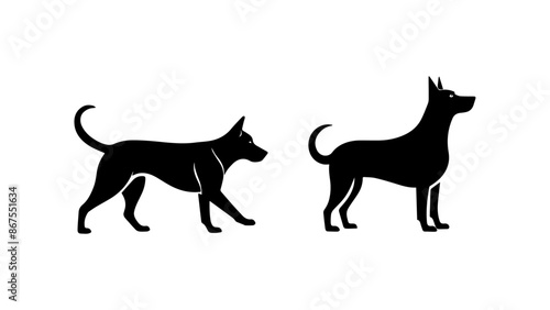 silhouette of a dog, simple shape of dog walking and dog standing in vector
