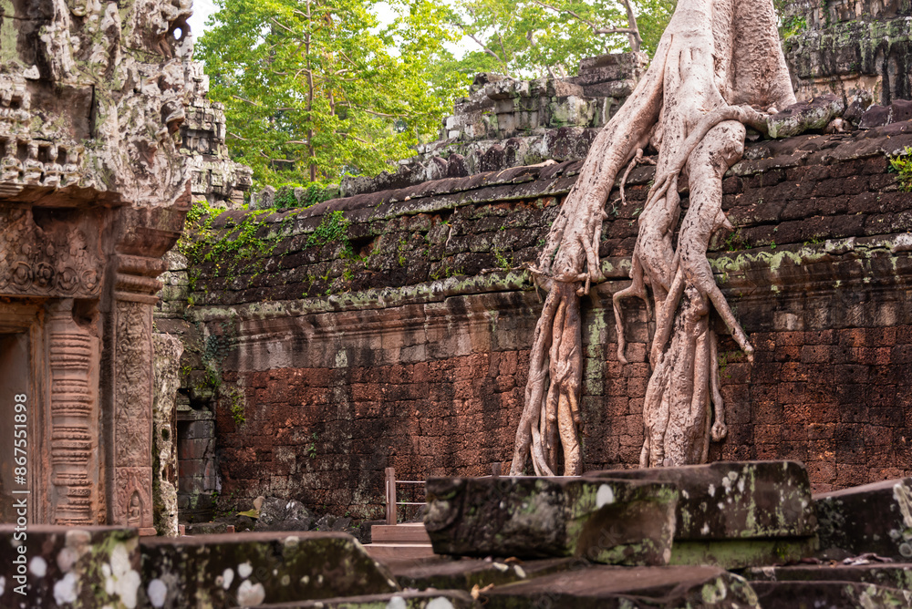 Angkor Thom, ancient temple ruins in Cambodia jungle with tree roots Angkor Thom, ancient temple ruins in Cambodia jungle with tree roots