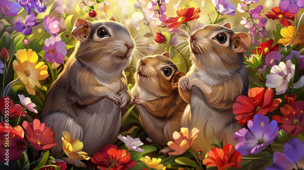 Fototapeta premium Gerbil Sits Serene Amidst Vibrant Garden Scenery