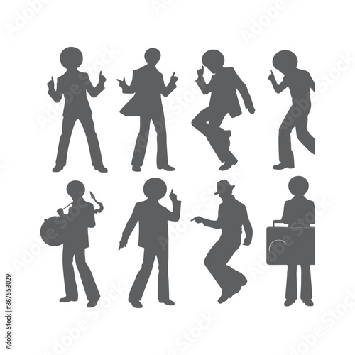 Silhouettes of three retro dancing man, funk, soul and disco music - 60s, 70s style, Posing disco dancers isolated on white background. Hetero couple in party 1970s style clothing.
