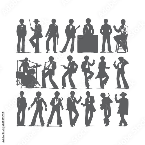 Silhouettes of three retro dancing man, funk, soul and disco music - 60s, 70s style, Posing disco dancers isolated on white background. Hetero couple in party 1970s style clothing.
