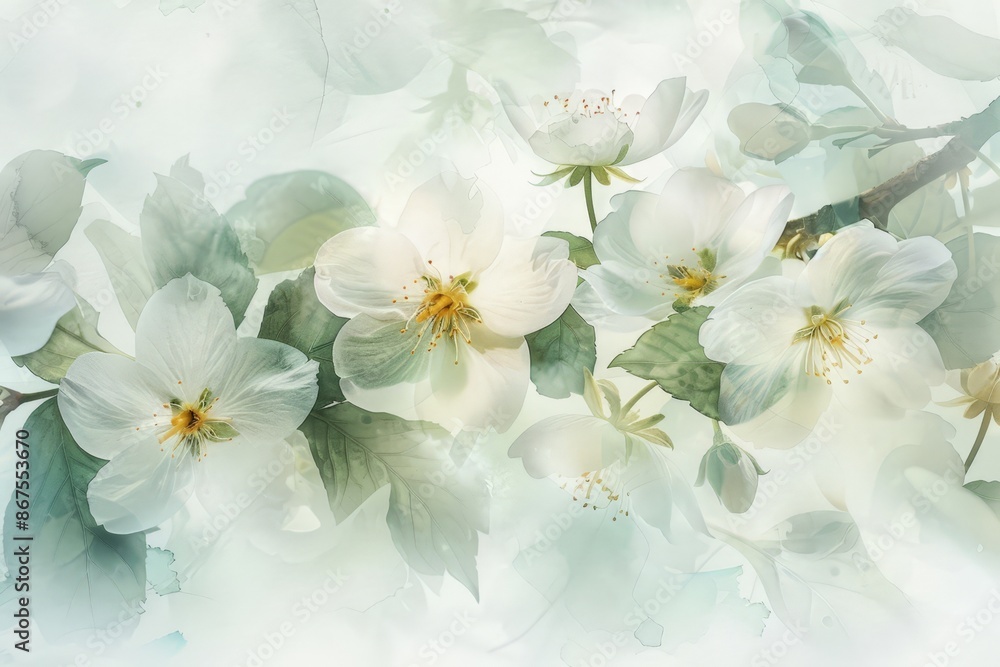 Obraz premium Soft Focus White Flowers with Green Leaves on a Blurred Background