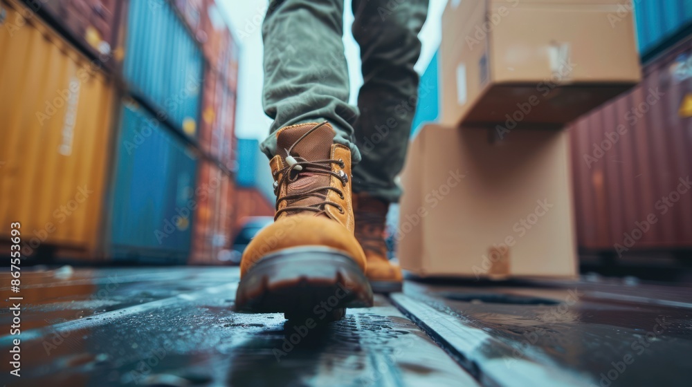 Moving Forward: Mover Boots Carrying Box from Container Truck in Close-Up Shot Moving Forward: Mover Boots Carrying Box from Container Truck in Close-Up Shot