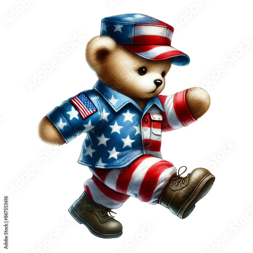 USA soldier teddy bear marching with American flag in a uniform clipart with transparent background photo