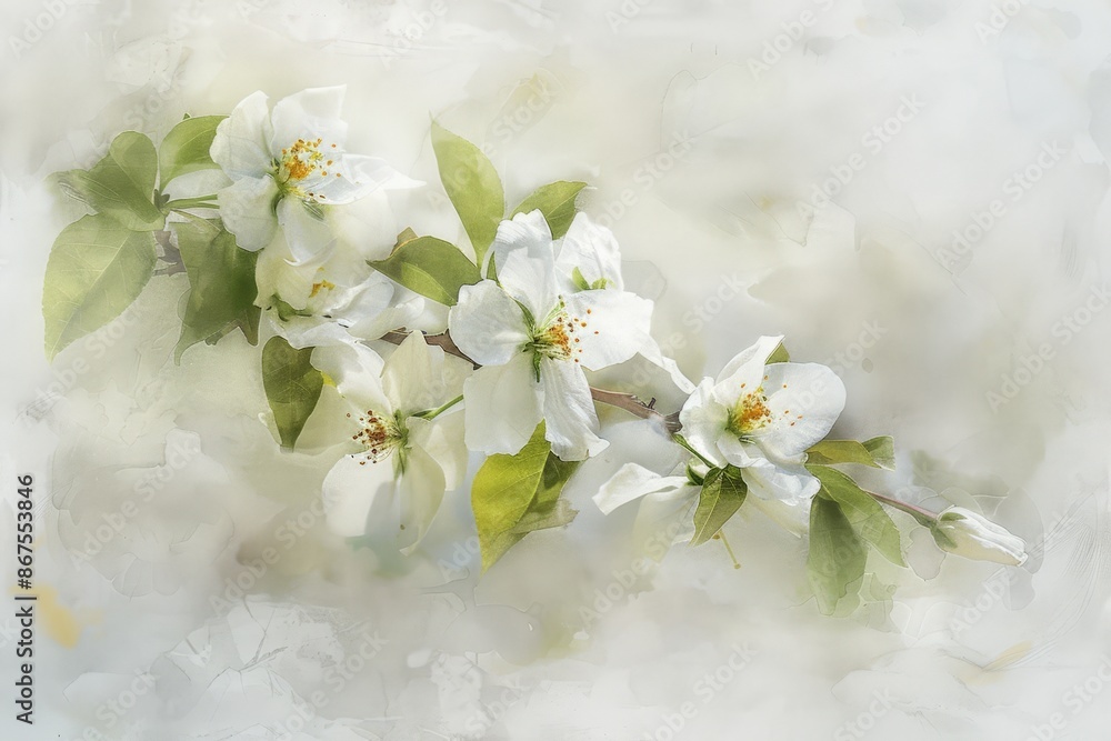 Soft Focus White Blossoms with Green Leaves on a Blurred Background Soft Focus White Blossoms with Green Leaves on a Blurred Background