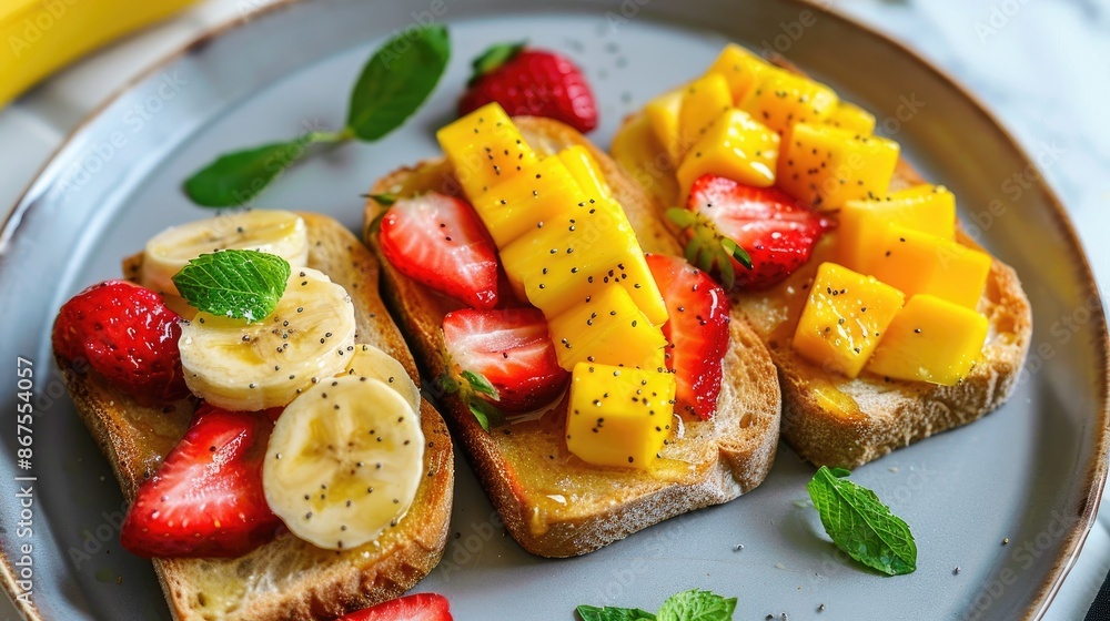 Fruit filled open toast with mango banana and strawberry Fruit filled open toast with mango banana and strawberry