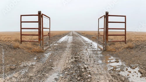 A muddy road with two gates on either side