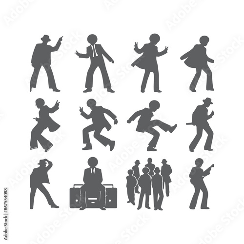 Silhouettes of three retro dancing man, funk, soul and disco music - 60s, 70s style, Posing disco dancers isolated on white background. Hetero couple in party 1970s style clothing.