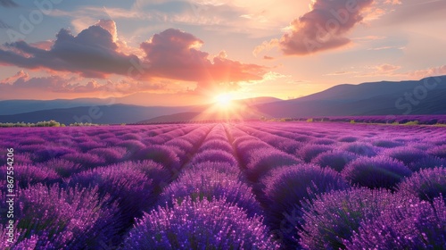 Lavender Bliss: A Gorgeous Blooming Field in the Warmth of Summer Sun