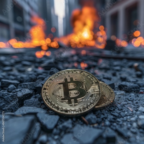 A Bitcoin coin lies on a bed of rocks, with flames burning in the background, representing the volatility of the cryptocurrency market. photo