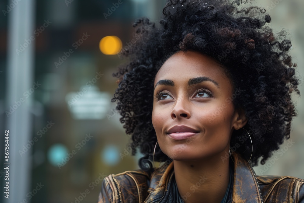 Smiling Woman with Curly Hair in Leather Jacket, Urban Background, Looking Up
Smiling Woman with Curly Hair in Leather Jacket, Urban Background, Looking Up