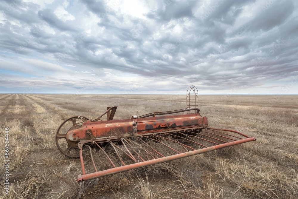 Fototapeta premium An old, rusted tractor sits in a field