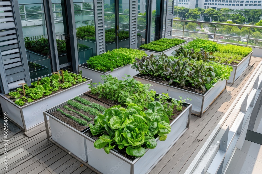 A row of planters with various vegetables including lettuce and spinach A row of planters with various vegetables including lettuce and spinach