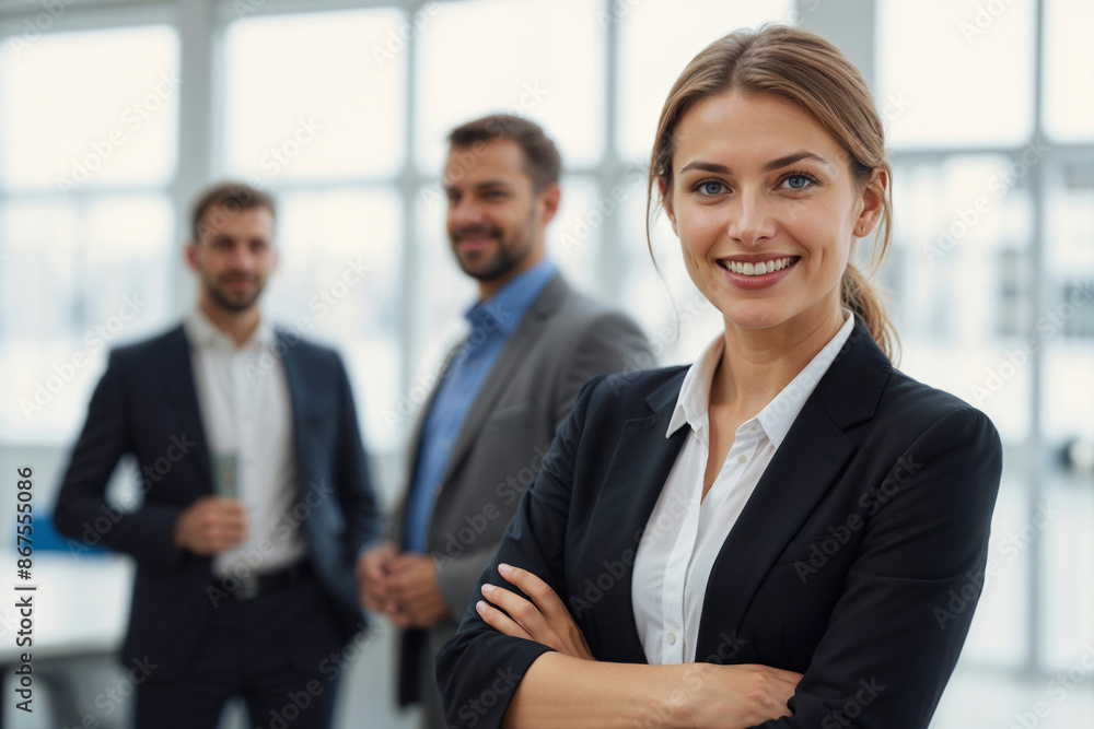 Caucasian woman in a business suit is smiling at the camera. She is surrounded by two men in suits Caucasian woman in a business suit is smiling at the camera. She is surrounded by two men in suits