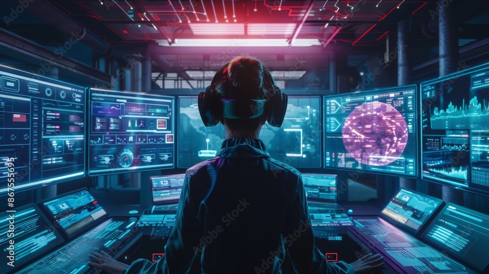 High-Tech Control Room: Expert Monitoring Multiple Screens High-Tech Control Room: Expert Monitoring Multiple Screens
