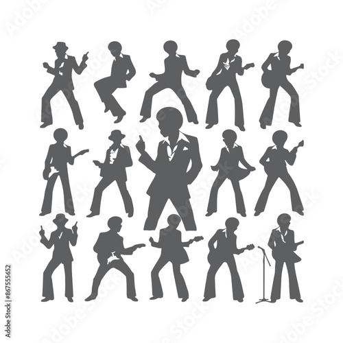 Silhouettes of three retro dancing man, funk, soul and disco music - 60s, 70s style, Posing disco dancers isolated on white background. Hetero couple in party 1970s style clothing.