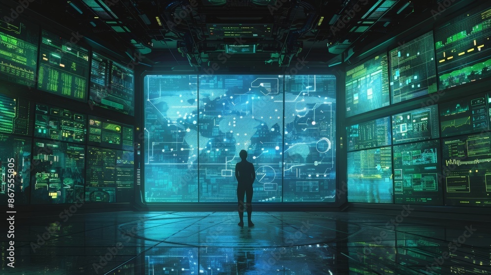 Futuristic Control Room with Holographic World Map and Silhouetted Figure Futuristic Control Room with Holographic World Map and Silhouetted Figure