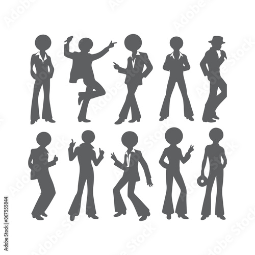 Silhouettes of three retro dancing man, funk, soul and disco music - 60s, 70s style, Posing disco dancers isolated on white background. Hetero couple in party 1970s style clothing.