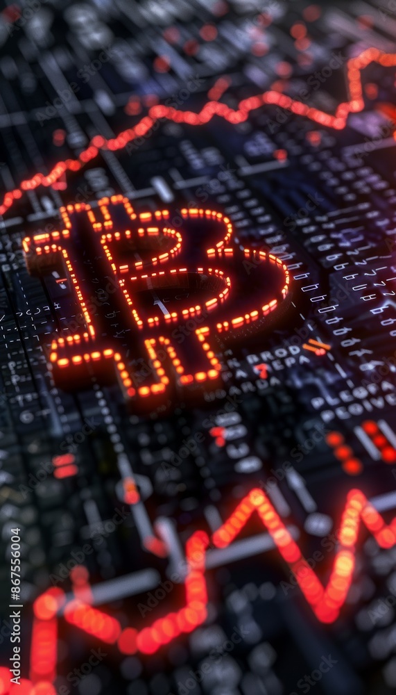A glowing Bitcoin symbol is displayed on a circuit board, with red lines representing price fluctuations. A glowing Bitcoin symbol is displayed on a circuit board, with red lines representing price fluctuations.