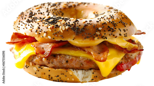  A delectable sausage, egg, and cheese bagel sandwich, the bagel perfectly toasted with cheese oozing, on a transparent background