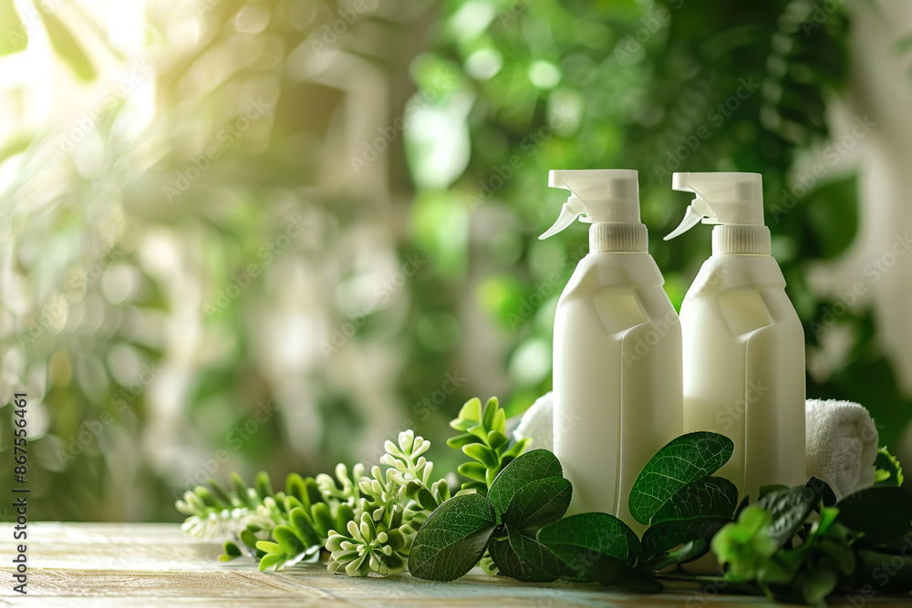 Eco-Friendly Detergent Bottles Surrounded by Lush Greenery Eco-Friendly Detergent Bottles Surrounded by Lush Greenery