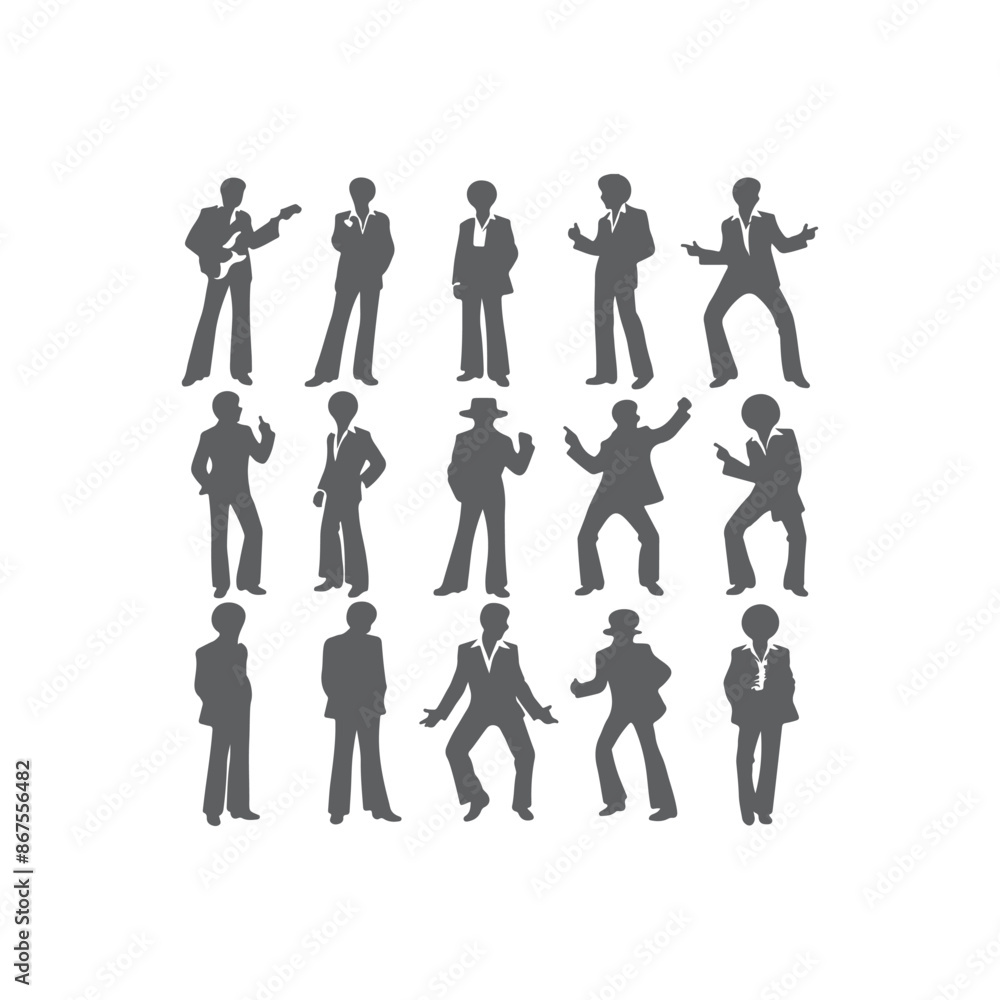 Silhouettes of three retro dancing man, funk, soul and disco music - 60s, 70s style, Posing disco dancers isolated on white background. Hetero couple in party 1970s style clothing. Silhouettes of three retro dancing man, funk, soul and disco music - 60s, 70s style, Posing disco dancers isolated on white background. Hetero couple in party 1970s style clothing.