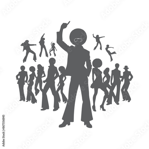 Silhouettes of three retro dancing man, funk, soul and disco music - 60s, 70s style, Posing disco dancers isolated on white background. Hetero couple in party 1970s style clothing.