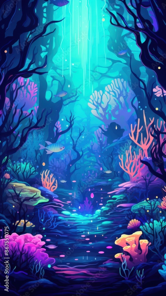 Magical Underwater Scene. Vibrant Coral Reef with Glowing Plants and Fish Magical Underwater Scene. Vibrant Coral Reef with Glowing Plants and Fish