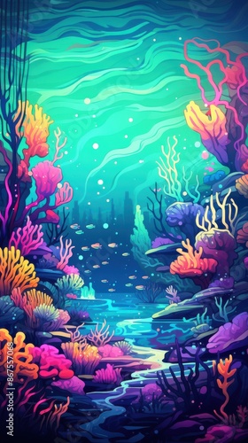 Vibrant Coral Reef Scene. Colorful Underwater Landscape with Fish and Marine Life