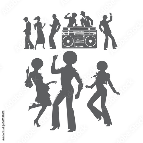 Silhouettes of three retro dancing man, funk, soul and disco music - 60s, 70s style, Posing disco dancers isolated on white background. Hetero couple in party 1970s style clothing.