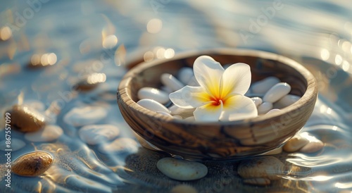 White Plumeria Flower Floating in Wooden Bowl With Water and Pebbles