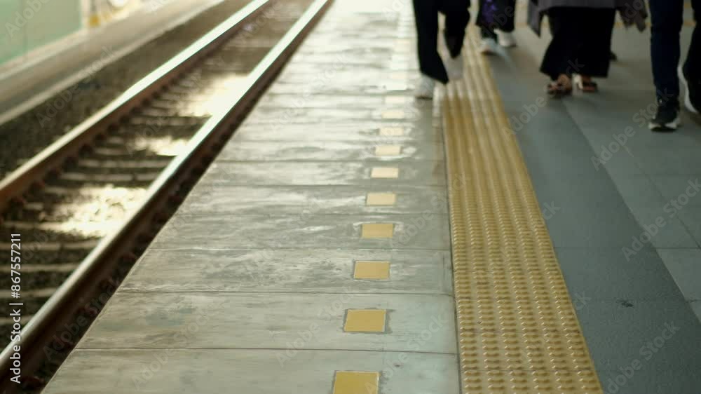 Passengers' feet walk along the railroad tracks during rush hour at the station Passengers' feet walk along the railroad tracks during rush hour at the station