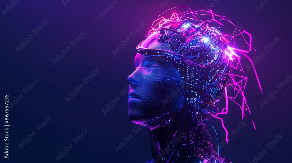 Futuristic Cybernetic Head with Glowing Neural Pathways and Electronic Brain Futuristic Cybernetic Head with Glowing Neural Pathways and Electronic Brain