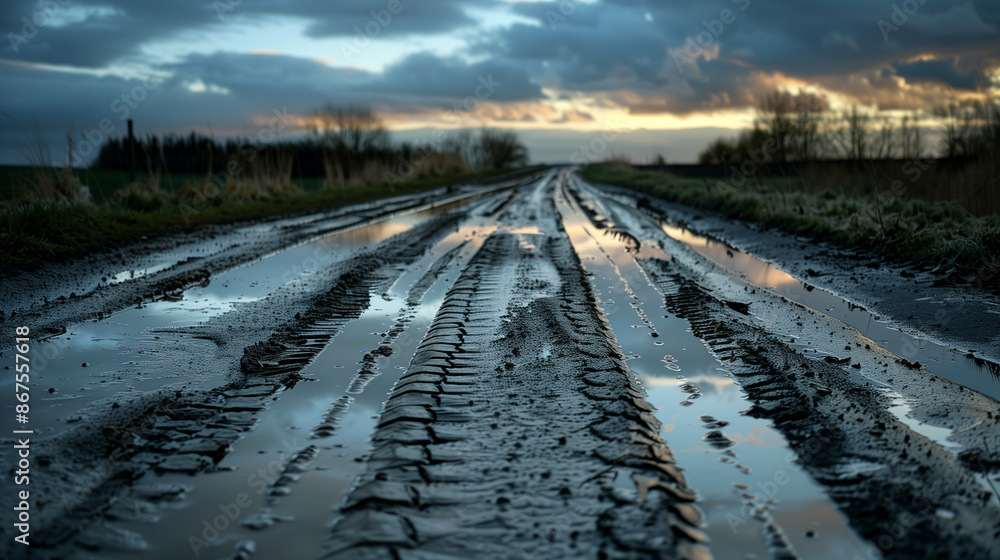 Muddy country road at sunset, tire tracks in wet ground, rural landscape Muddy country road at sunset, tire tracks in wet ground, rural landscape
