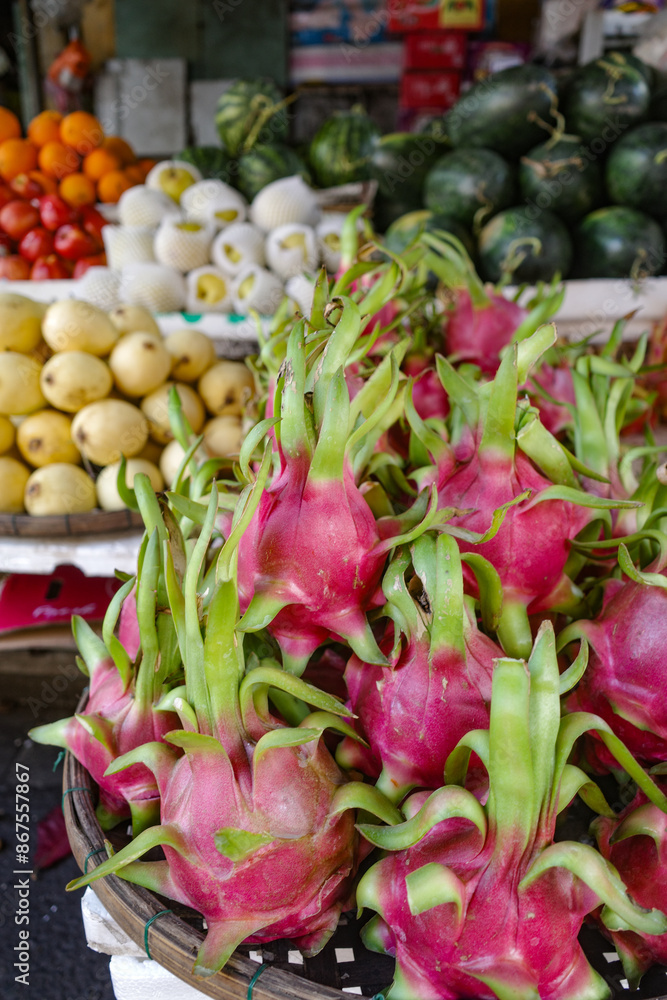 Hoi An, Vietnam - 5 Feb, 2024: Dragonfruit (Pitahaya) for sale from a fruit stall in Hoi An Central Market, Vietnam Hoi An, Vietnam - 5 Feb, 2024: Dragonfruit (Pitahaya) for sale from a fruit stall in Hoi An Central Market, Vietnam