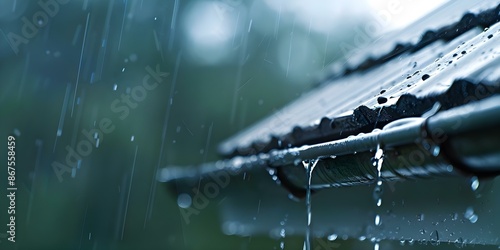 Rainwater dripping from a house gutter during a storm. Concept Heavy rainstorm, Overflowing gutter, Water dripping, Wet exterior, Weather damage photo