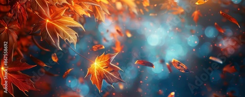 Vibrant autumn maple leaves falling against a dreamy bokeh background, capturing the essence of fall and the beauty of changing seasons.