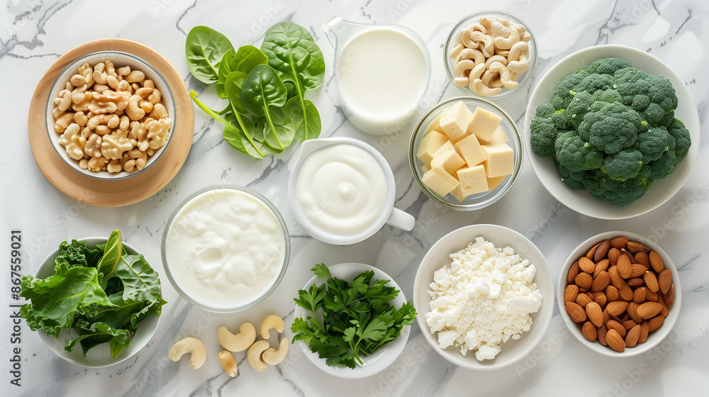 Assorted calcium-rich foods, top view Assorted calcium-rich foods, top view