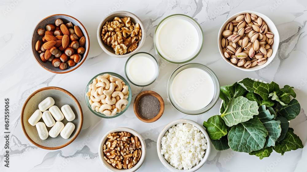 Assorted calcium-rich foods, top view Assorted calcium-rich foods, top view