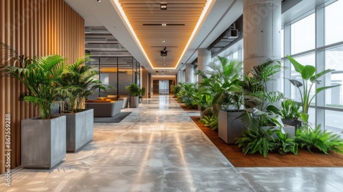 Contemporary Office Interior with Plant-Filled Corridor and Abundant Natural Light photo